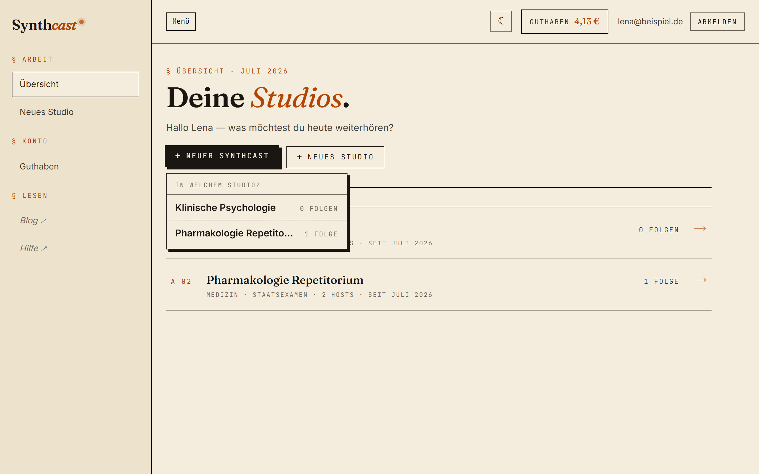 Dashboard-Shortcut „Neuer Synthcast" mit Studio-Auswahl