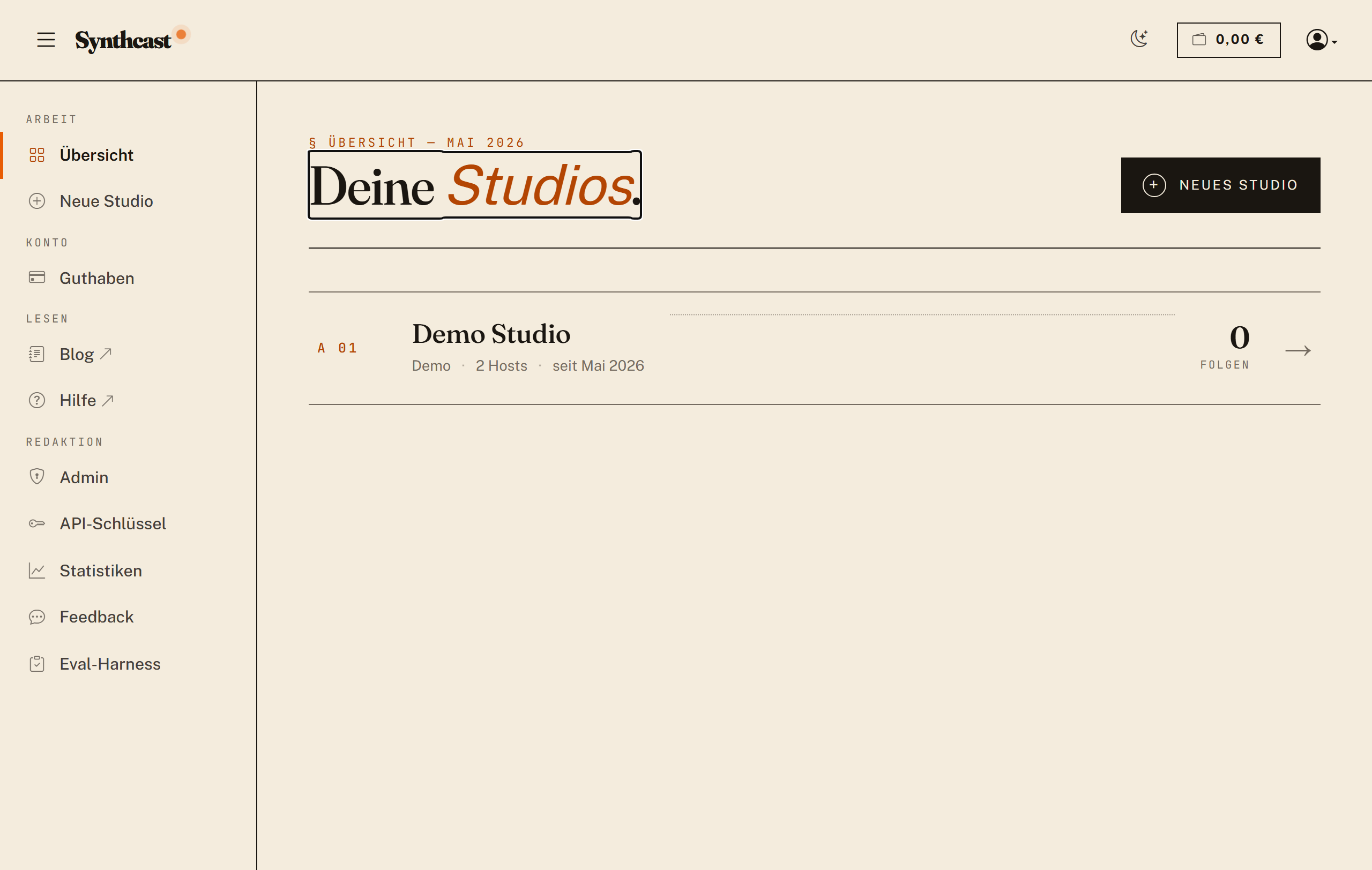 Dashboard im Empty-State mit CTA „Erstes Studio einrichten"