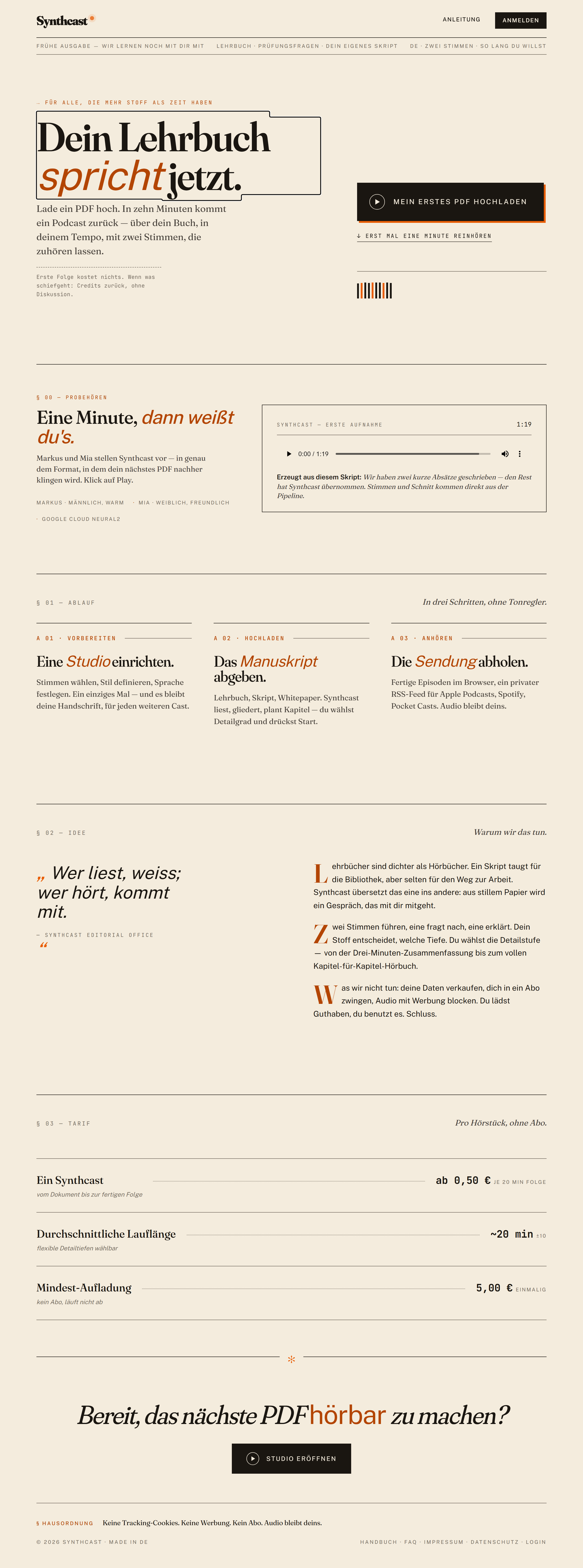 Landing-Page mit Hero, Probe-Player, Tarif-Übersicht